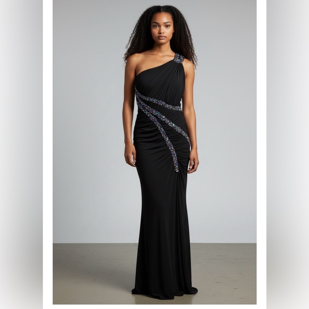 Holiday party ready Jovani Black One-Shoulder Dress sequins ruffled NWOT 8 - Picture 2 of 9